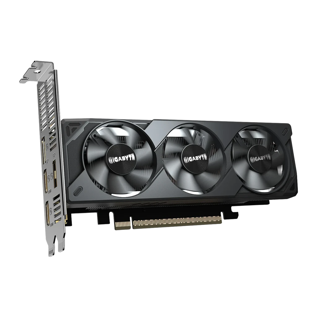 GIGABYTE GeForce RTX 5050 OC Low Profile 8GB negro, caja y tarjeta: packaging naranja-negro con doble ventilador y bracket - Ítem1