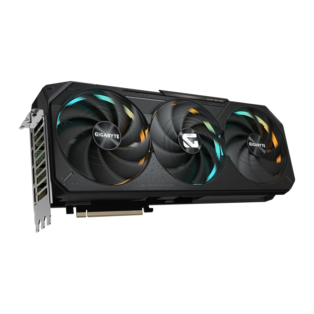 GIGABYTE RTX 5070 Ti GAMING OC 16GB negro, kit con caja: tarjeta con tres ventiladores RGB junto a caja naranja y verde - Ítem1