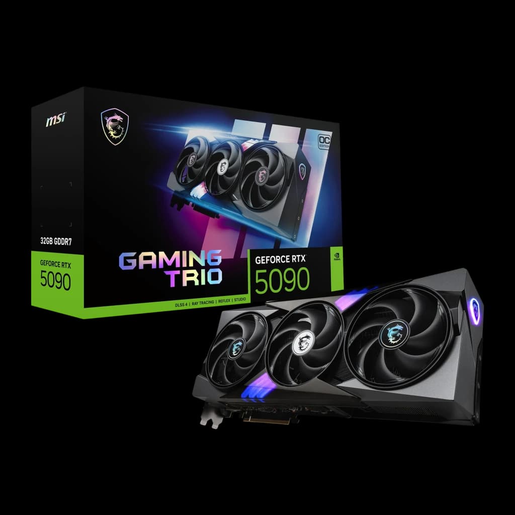MSI GeForce RTX 5090 Gaming Trio OC 32GB GDDR7 negro, kit: tarjeta con tres ventiladores RGB junto a su caja retail