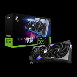MSI GeForce RTX 5090 Gaming Trio OC 32GB GDDR7 negro, kit: tarjeta con tres ventiladores RGB junto a su caja retail