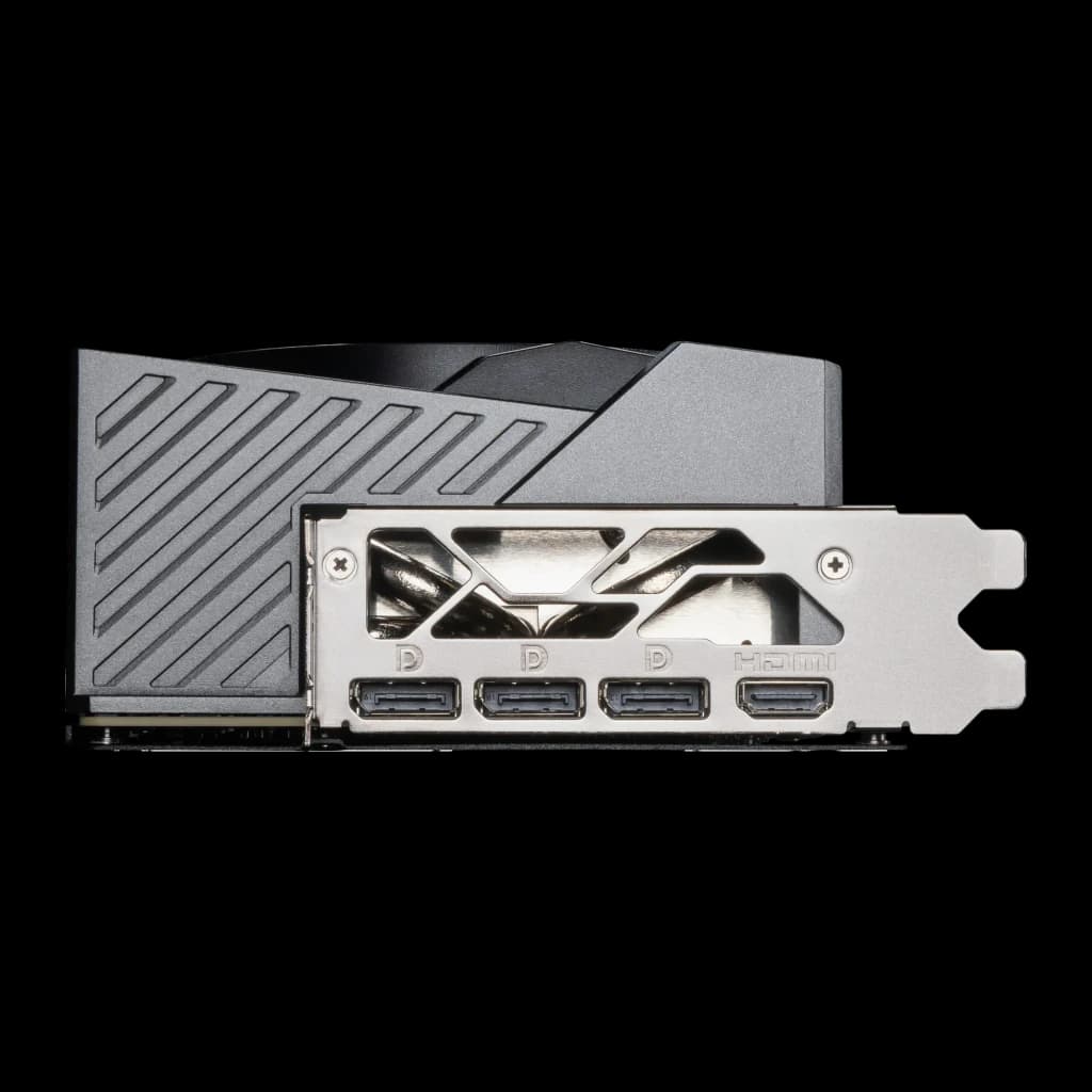 MSI GeForce RTX 5090 Gaming Trio OC 32GB negro, vista lateral: bracket con 3 DisplayPort y 1 HDMI visibles