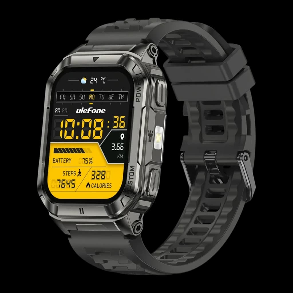 Ulefone Armor Watch Ultra Negro con caja robusta metalizada, pantalla a color con datos de salud y deporte, botones laterales y correa de silicona ajustable