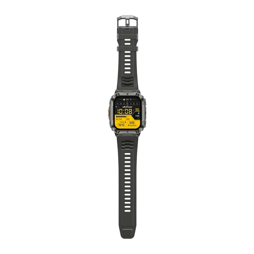 Reloj inteligente Ulefone Armor Watch Ultra negro, diseño robusto con caja metálica, pantalla rectangular a color, correa de silicona y botones laterales POW - Ítem7