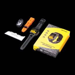 Ulefone Armor Watch Ultra Negro con correa negra y extra naranja, pantalla amarilla, caja amarilla, cable de carga y guía de usuario; resistente y deportivo