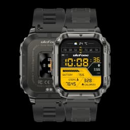Ulefone Armor Watch Ultra Negro con caja robusta metálica, correa de silicona, pantalla digital amarilla, monitoreo SpO2, pasos y calorías, batería 8 días