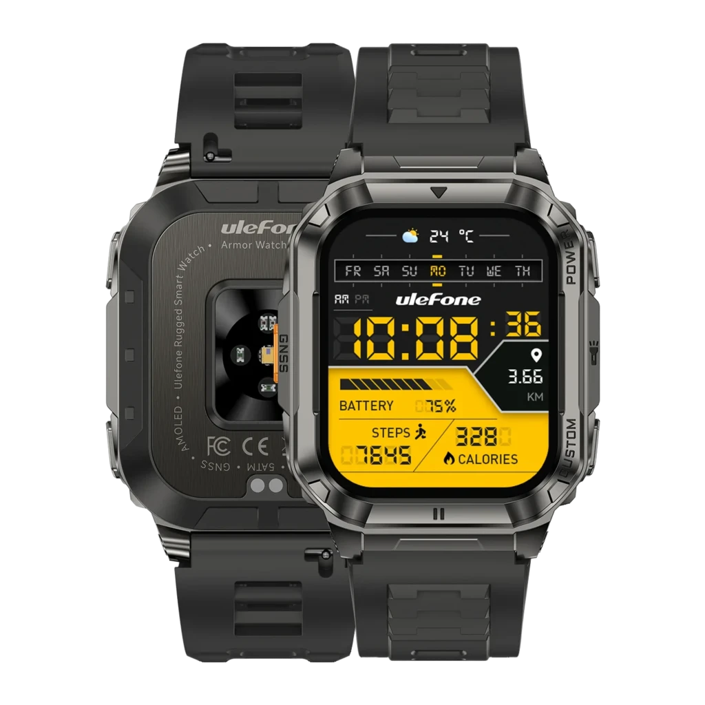Reloj inteligente Ulefone Armor Watch Ultra negro, diseño robusto con caja metálica, pantalla rectangular a color, correa de silicona y botones laterales POW - Ítem6