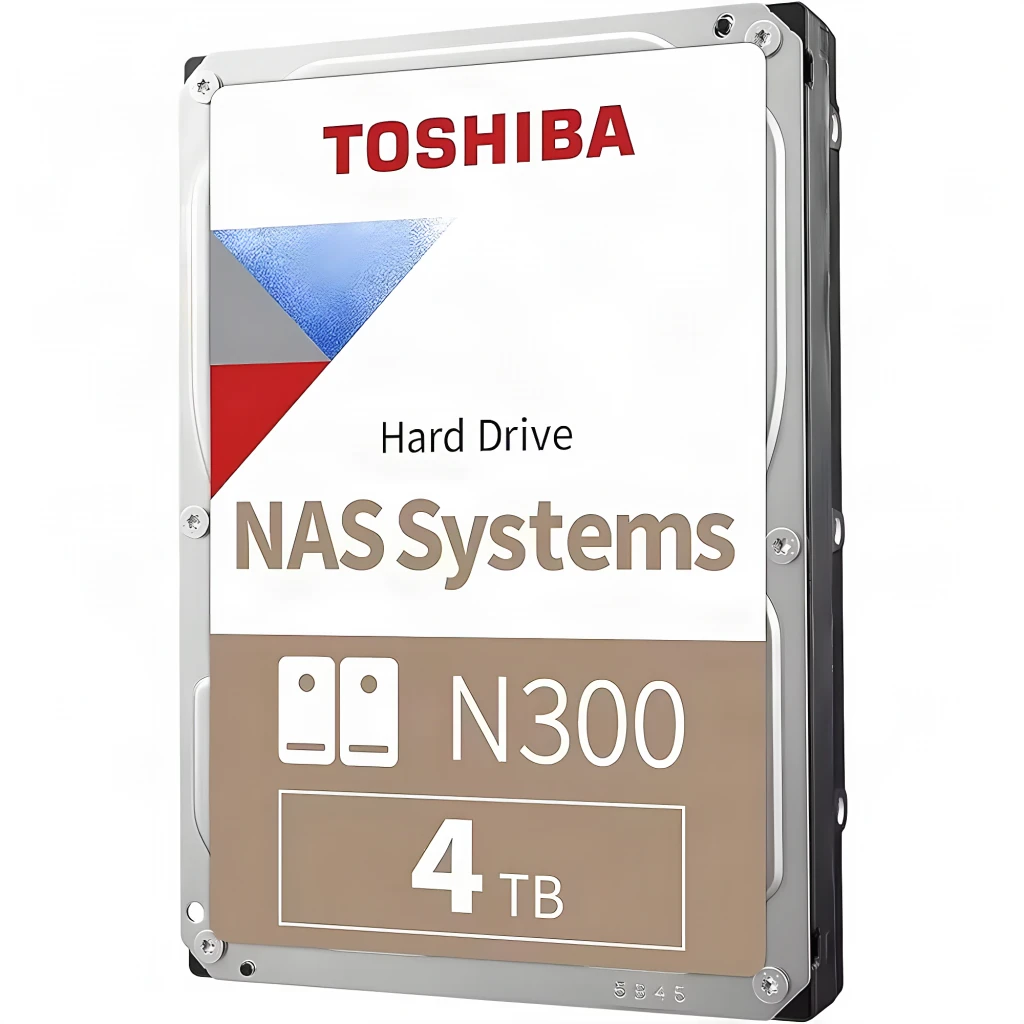 Toshiba N300 NAS 4TB, vista frontal: etiqueta con logo, texto NAS Systems y capacidad 4TB en carcasa plateada 3.5