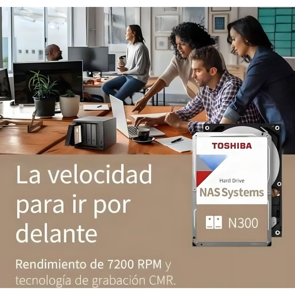 Toshiba N300 NAS 4TB, vista frontal: etiqueta con logo, texto NAS Systems y capacidad 4TB en carcasa plateada 3.5