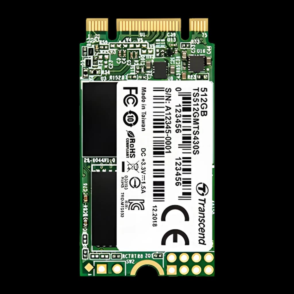 Transcend 430S 128GB, vue avant: PCB vert avec étiquette blanche, connecteurs dorés et puces visibles