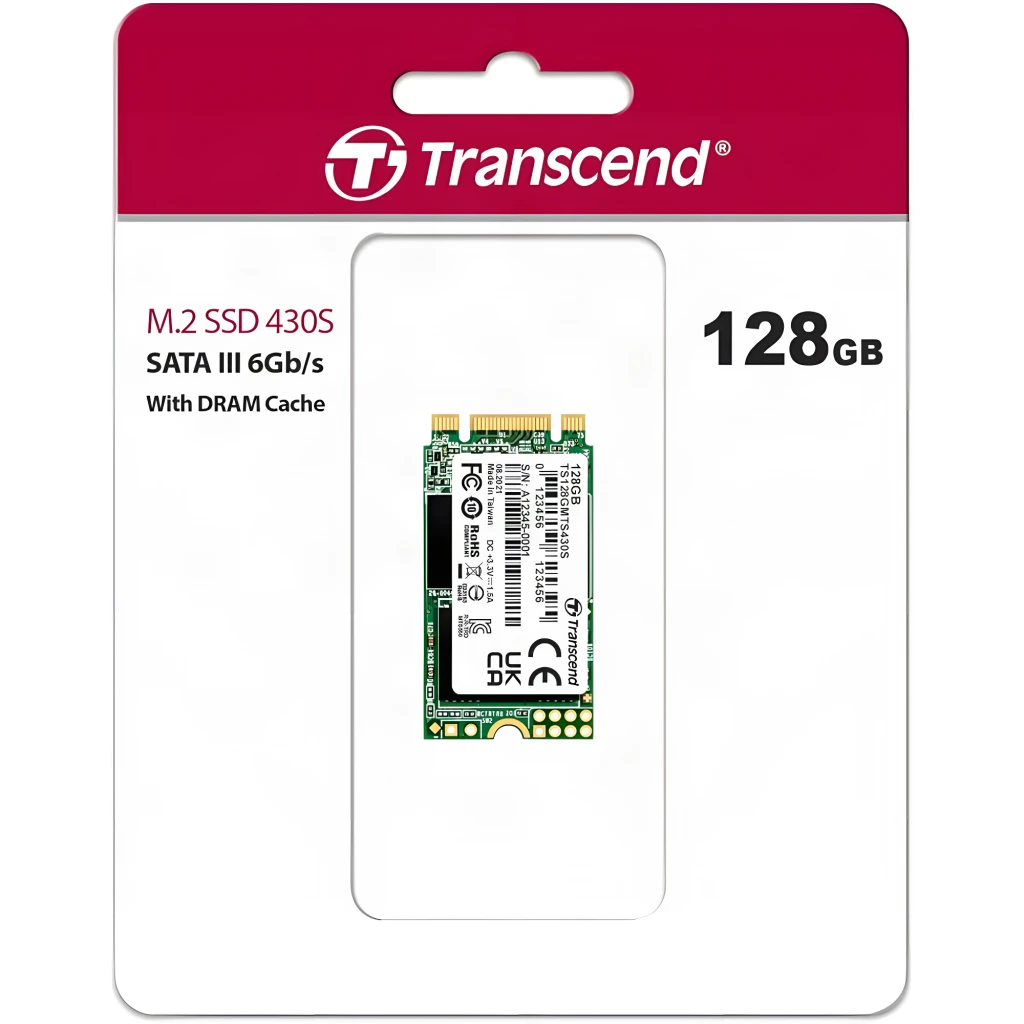 Transcend 430S 128GB, vista frontal: PCB verde con etiqueta blanca, conectores dorados y chips visibles - Ítem5
