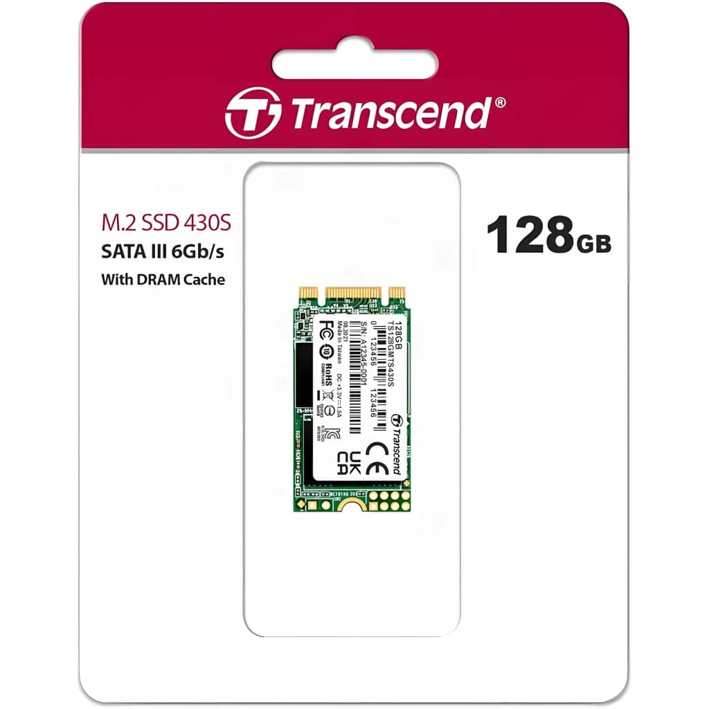 Transcend 430S 128GB M.2 SSD, emballage: blister avec unité visible, spécifications SATA III 6Gb/s et DRAM Cache