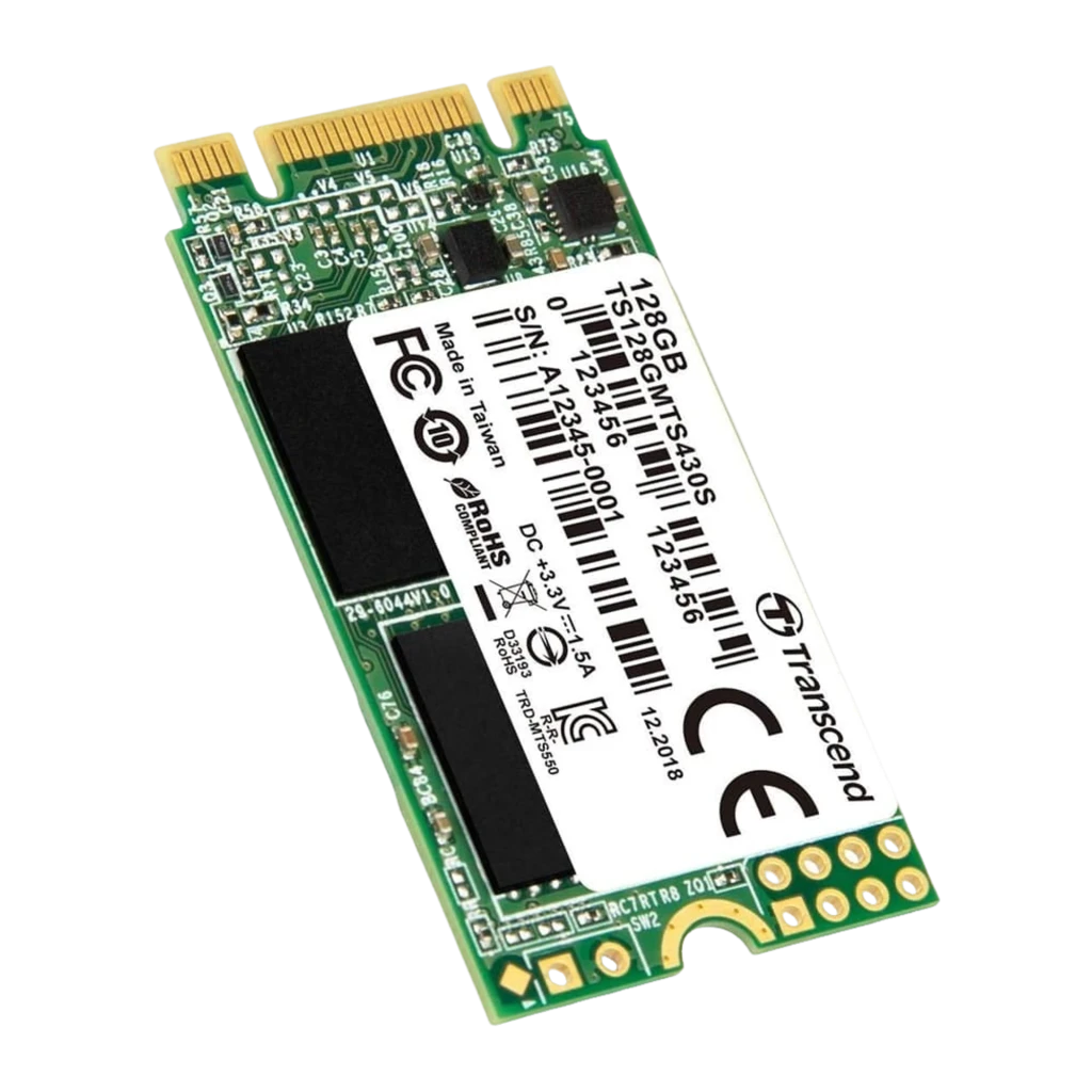 Transcend 430S 128GB, vista frontal: PCB verde con etiqueta blanca, conectores dorados y chips visibles - Ítem1