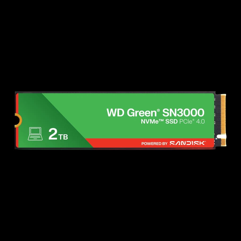 WD Green SN3000 2TB vert, vue de face: SSD M.2 avec étiquette verte et rouge, logo SN3000 et connecteur doré visible