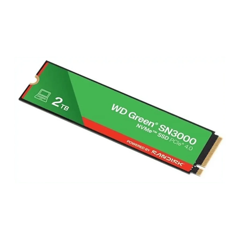 WD Green SN3000 2TB vert, vue de face: SSD M.2 avec étiquette verte et rouge, logo SN3000 et connecteur doré visible - Ítem2