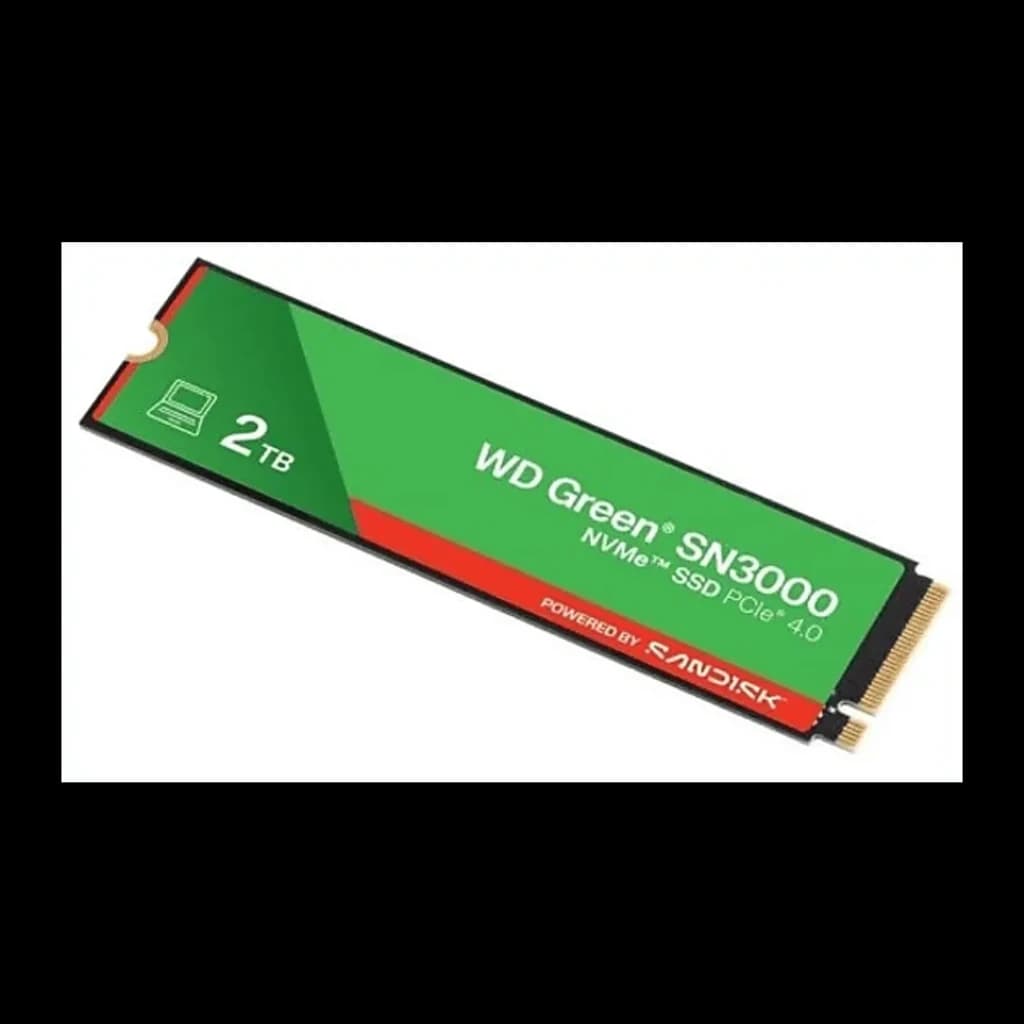 Western Digital Green SN3000 2TB vert, vue en perspective: face supérieure avec étiquette NVMe PCIe 4.0 et connecteur doré