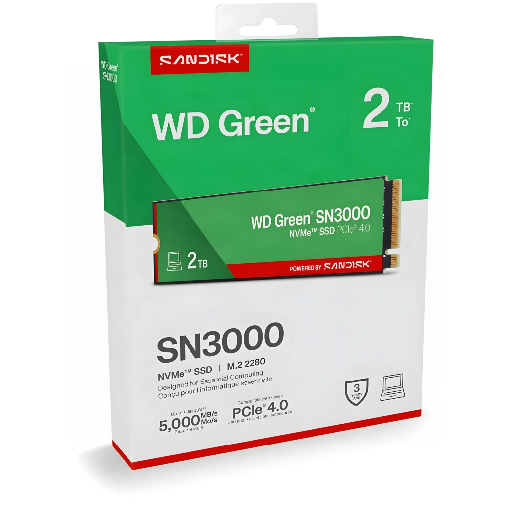 WD Green SN3000 2TB vert, vue de face: SSD M.2 avec étiquette verte et rouge, logo SN3000 et connecteur doré visible - Ítem3