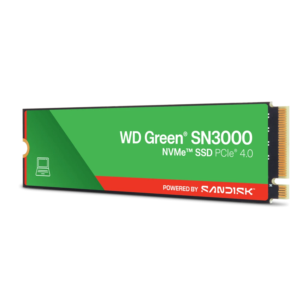 WD Green SN3000 2TB vert, vue de face: SSD M.2 avec étiquette verte et rouge, logo SN3000 et connecteur doré visible - Ítem1