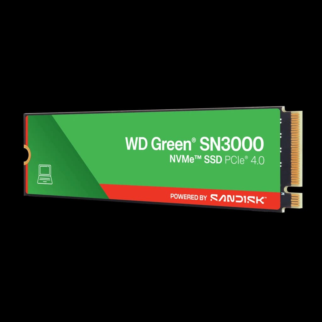 Western Digital WD Green SN3000 2TB vert, vue latérale: étiquette verte avec texte NVMe SSD PCIe 4.0 et connecteur doré M.2