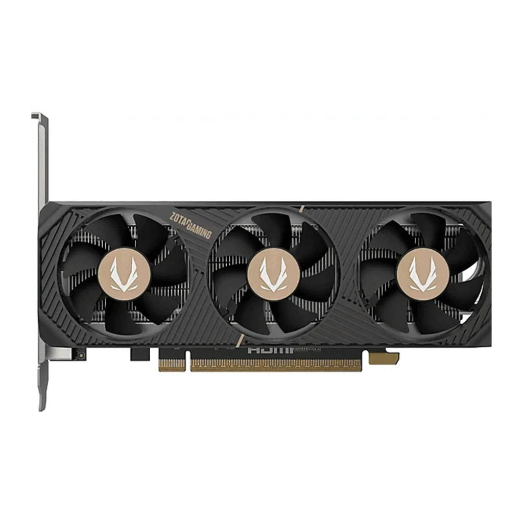 Zotac GAMING GeForce RTX 5050 Low Profile 8GB preta, caixa e placa: embalagem frontal ao lado da GPU com 3 ventoinhas - Item1
