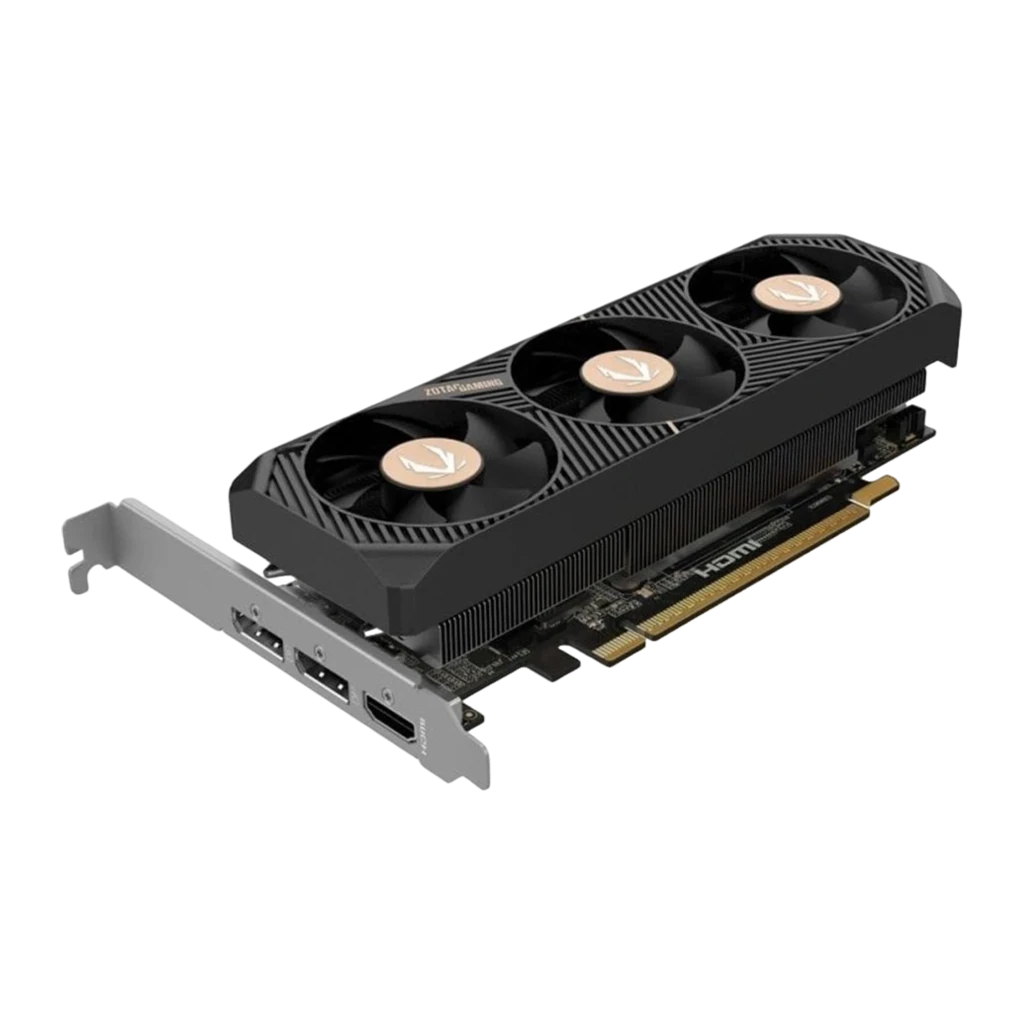 Zotac GAMING GeForce RTX 5050 Low Profile 8GB preta, caixa e placa: embalagem frontal ao lado da GPU com 3 ventoinhas - Item2