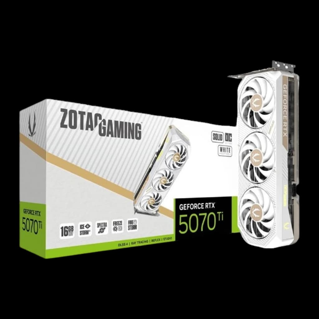 ZOTAC GAMING RTX 5070 Ti Solid Core OC 16GB blanc, kit complet: boîte blanche RTX 5070 Ti aux côtés de la carte graphique
