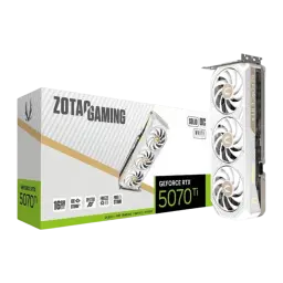 ZOTAC GAMING RTX 5070 Ti Solid Core OC 16GB blanc, kit complet: boîte blanche RTX 5070 Ti aux côtés de la carte graphique