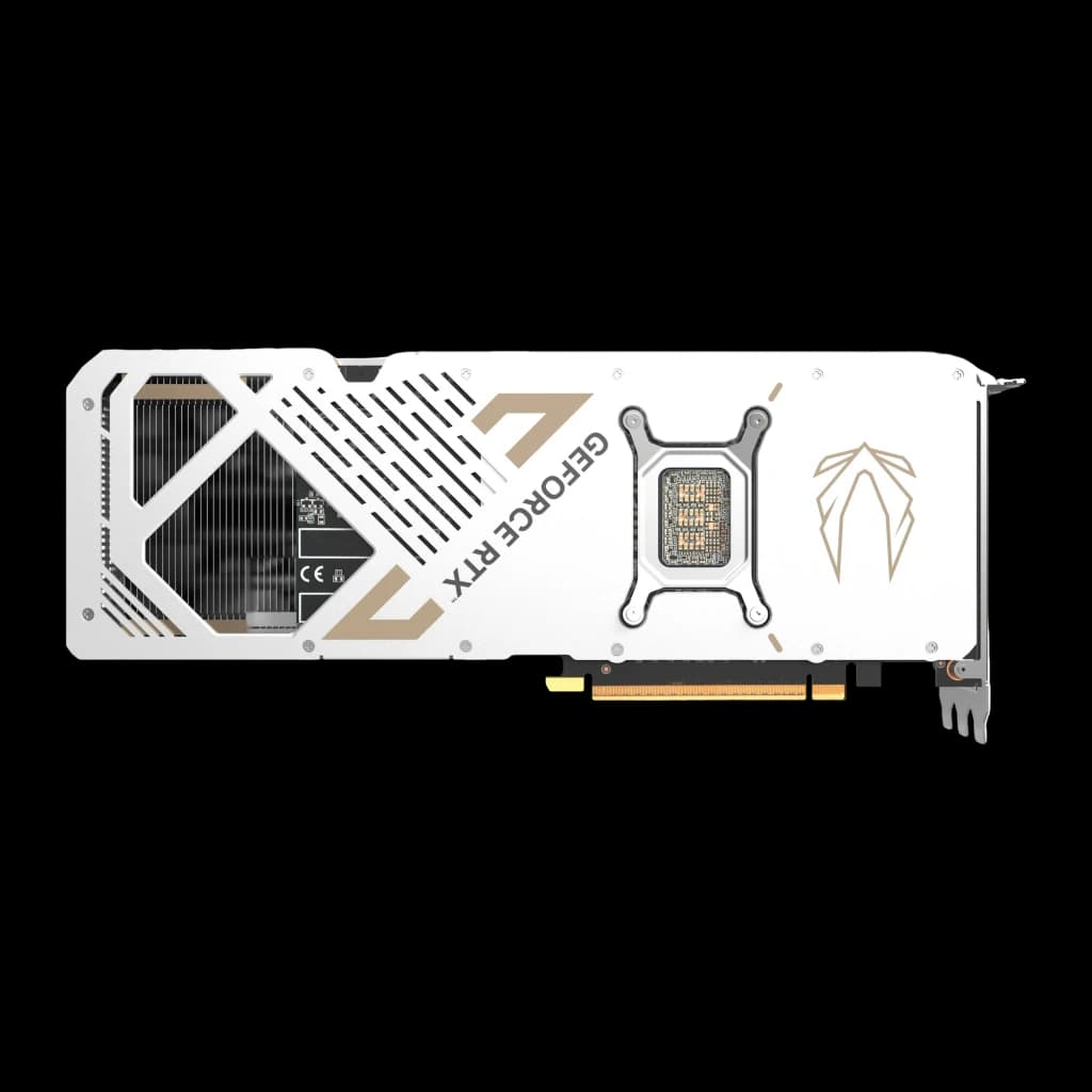 ZOTAC GAMING RTX 5070 Ti Solid Core OC 16GB blanc, vue arrière: backplate blanc avec logo GeForce RTX et connecteur PCIe doré