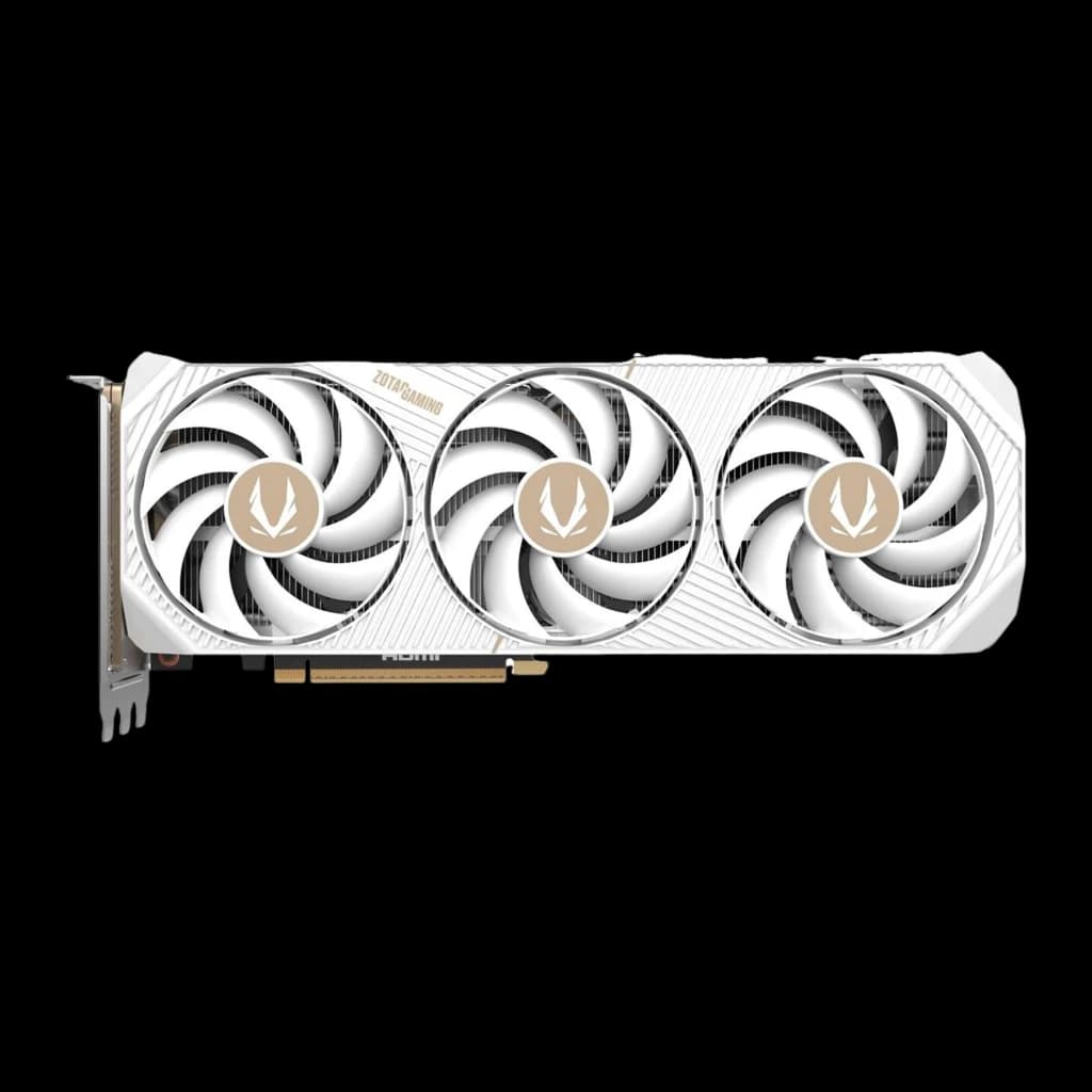 ZOTAC GAMING RTX 5070 Ti Solid Core OC 16GB blanc, vue avant: trois ventilateurs avec logo doré et shroud blanc