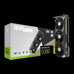 ZOTAC GAMING GeForce RTX 5080 Solid Core OC 16GB, boîte et carte: packaging face à la GPU avec refroidisseur 3 ventilateurs