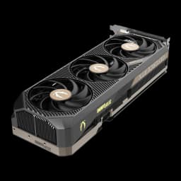 ZOTAC GAMING RTX 5080 SOLID CORE OC 16GB gris, vue en perspective: trois ventilateurs, côté avec ailettes de dissipateur et