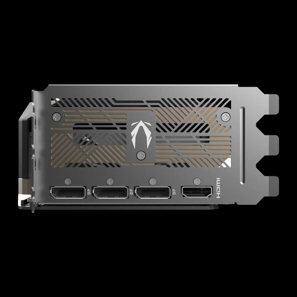 ZOTAC GAMING RTX 5080 SOLID CORE OC 16GB gris, vue équerre: 3x DisplayPort et 1x HDMI avec grille décorative dorée et logo