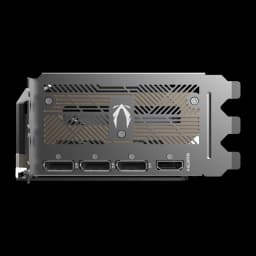 ZOTAC GAMING RTX 5080 SOLID CORE OC 16GB gris, vue équerre: 3x DisplayPort et 1x HDMI avec grille décorative dorée et logo