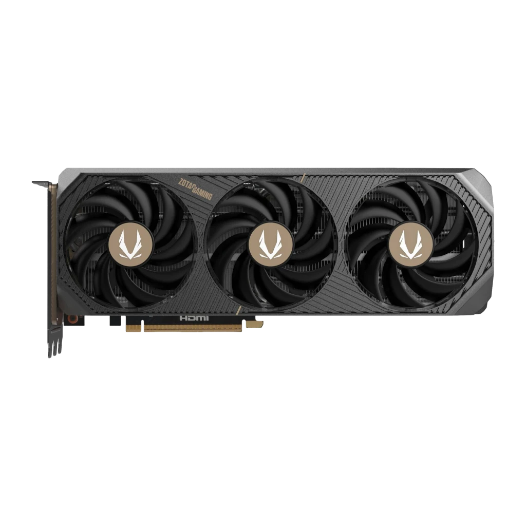 ZOTAC GAMING GeForce RTX 5080 Solid Core OC 16GB, caixa e placa: embalagem frontal ao lado da GPU com cooler de 3 ventoinhas - Item1