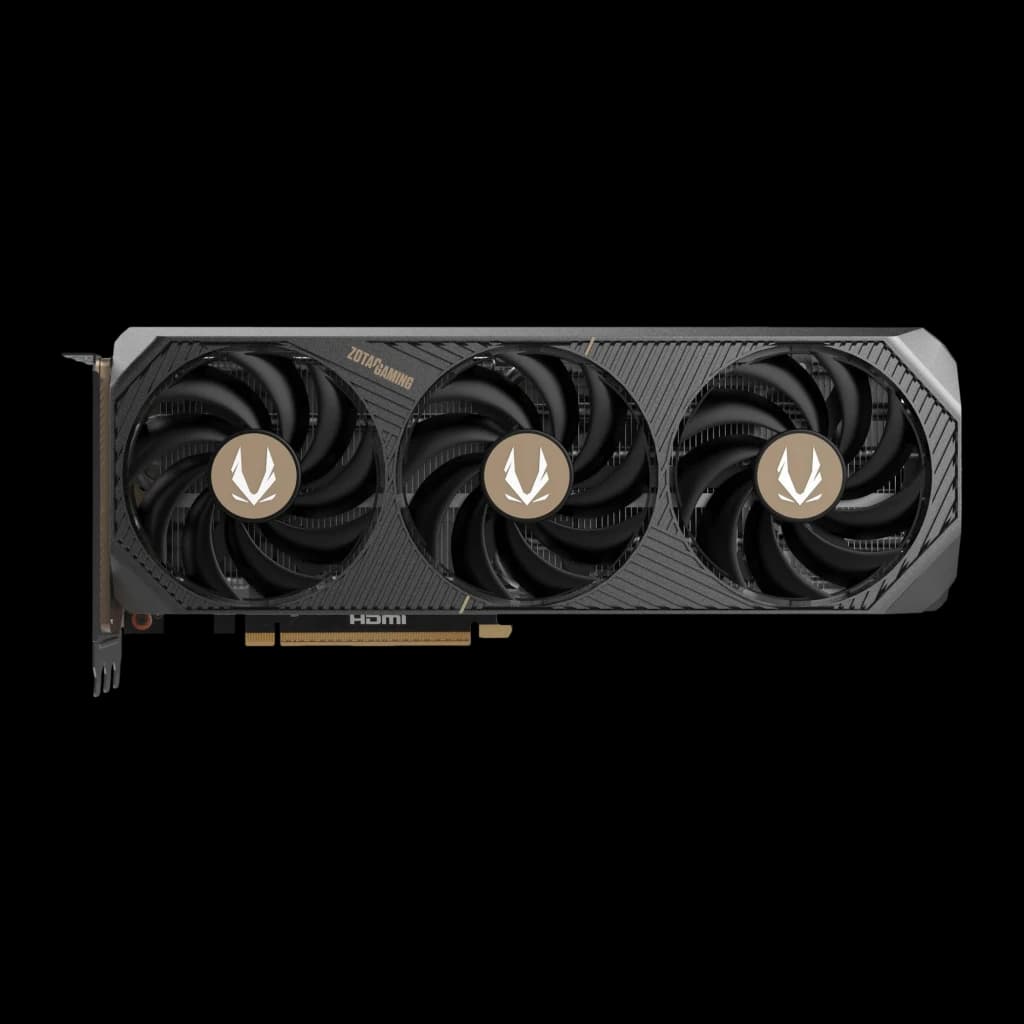 ZOTAC GAMING RTX 5080 SOLID CORE OC 16GB gris, vue avant: trois ventilateurs avec logo doré et capot texturé
