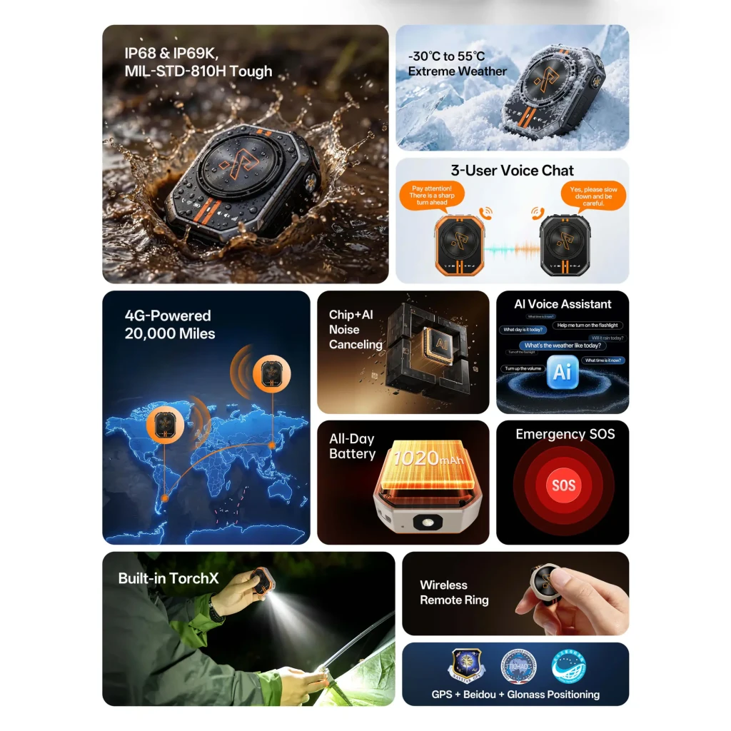 Walkie Talkie Ulefone RugOne XLink 7 SIM Bundle Arena con diseño robusto, bordes anaranjados, dial central negro, ranura SIM lateral y botones metálicos - Ítem6