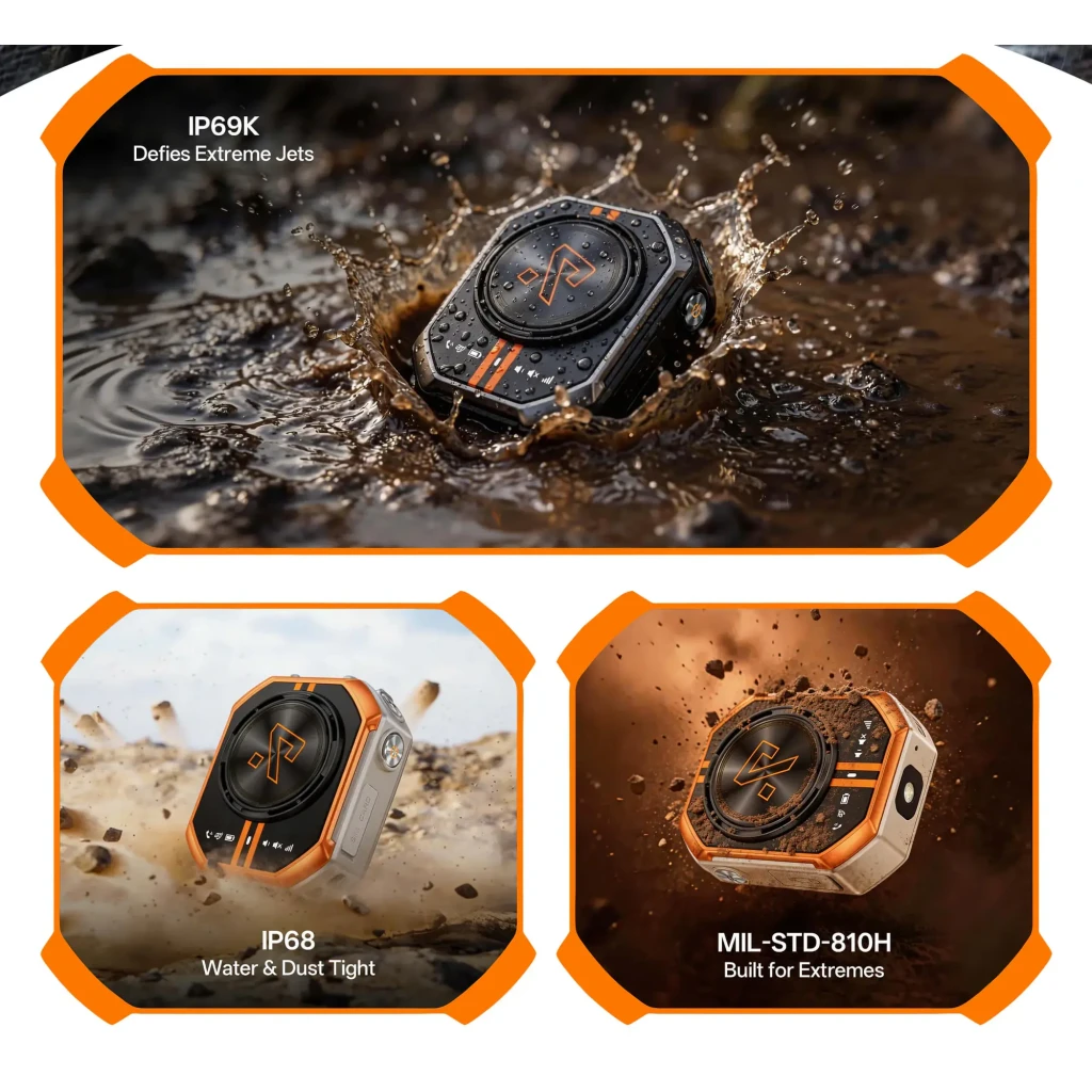 Walkie Talkie Ulefone RugOne XLink 7 SIM Bundle Arena con diseño robusto, bordes anaranjados, dial central negro, ranura SIM lateral y botones metálicos - Ítem7