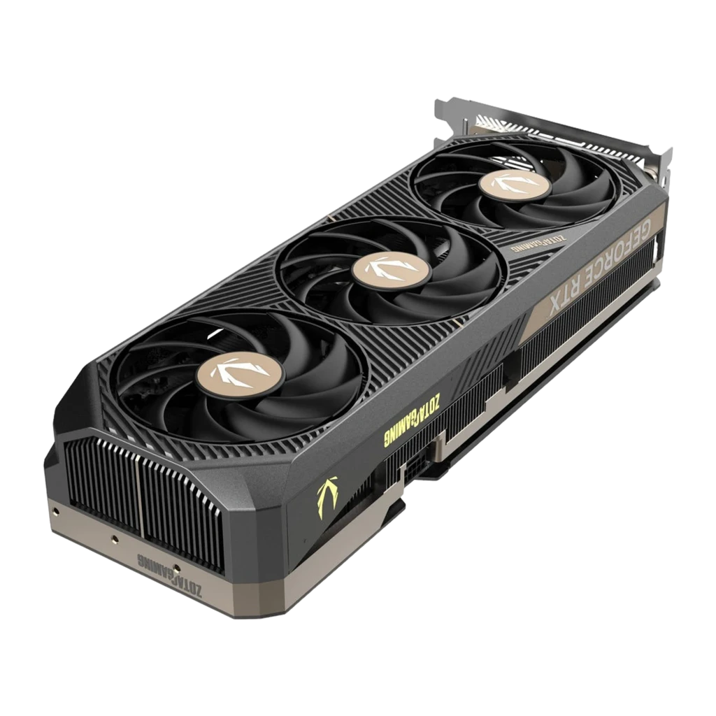 Zotac GeForce RTX 5080 SOLID CORE preta, kit com caixa: caixa ZOTAC GAMING RTX 5080 16GB ao lado da placa gráfica em perfil - Item1