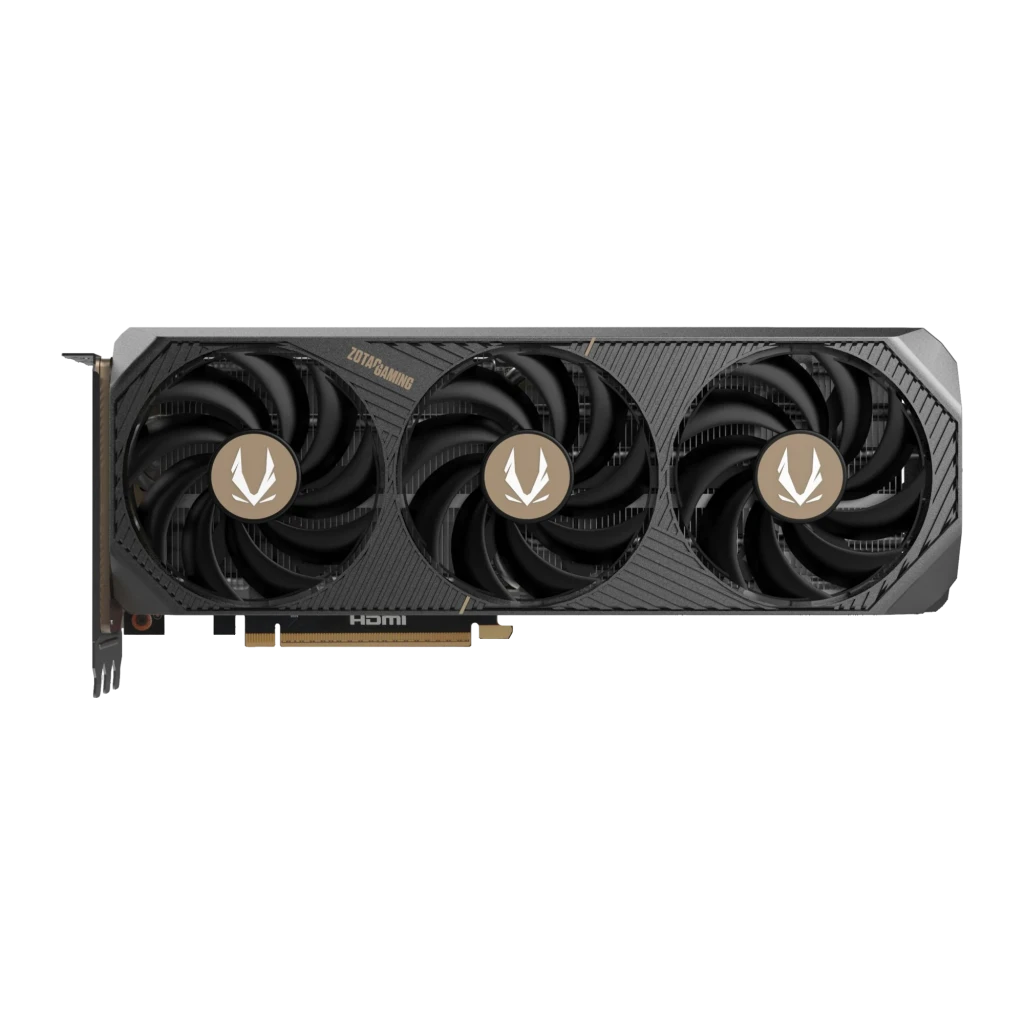 Zotac GeForce RTX 5080 SOLID CORE preta, kit com caixa: caixa ZOTAC GAMING RTX 5080 16GB ao lado da placa gráfica em perfil - Item3