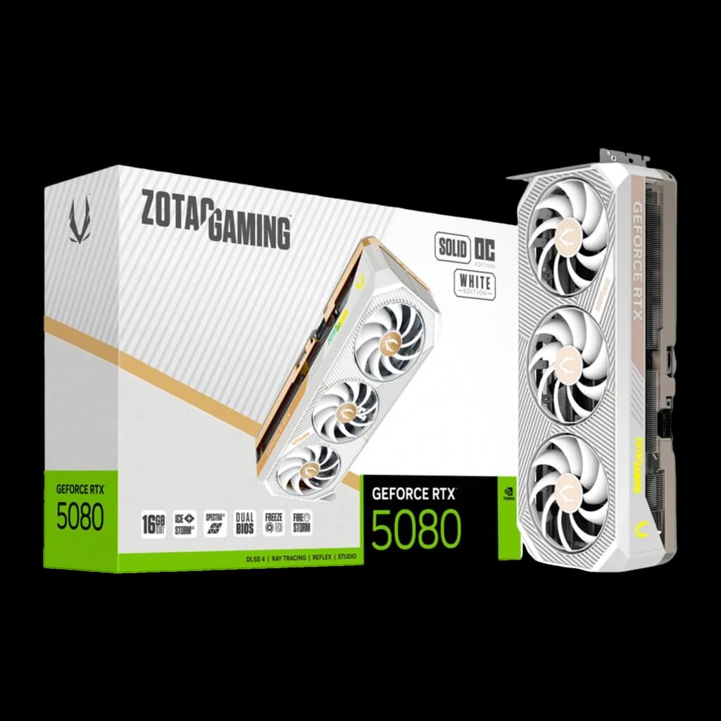 Zotac GeForce RTX 5080 SOLID OC White Edition blanc, contenu: carte graphique triple ventilateur avec sa boîte de vente au