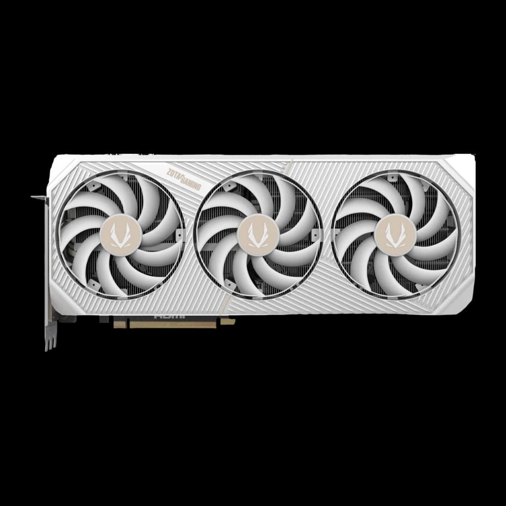 Zotac GeForce RTX 5080 SOLID OC White Edition blanc, vue avant: trois ventilateurs avec logo doré et shroud blanc texturé