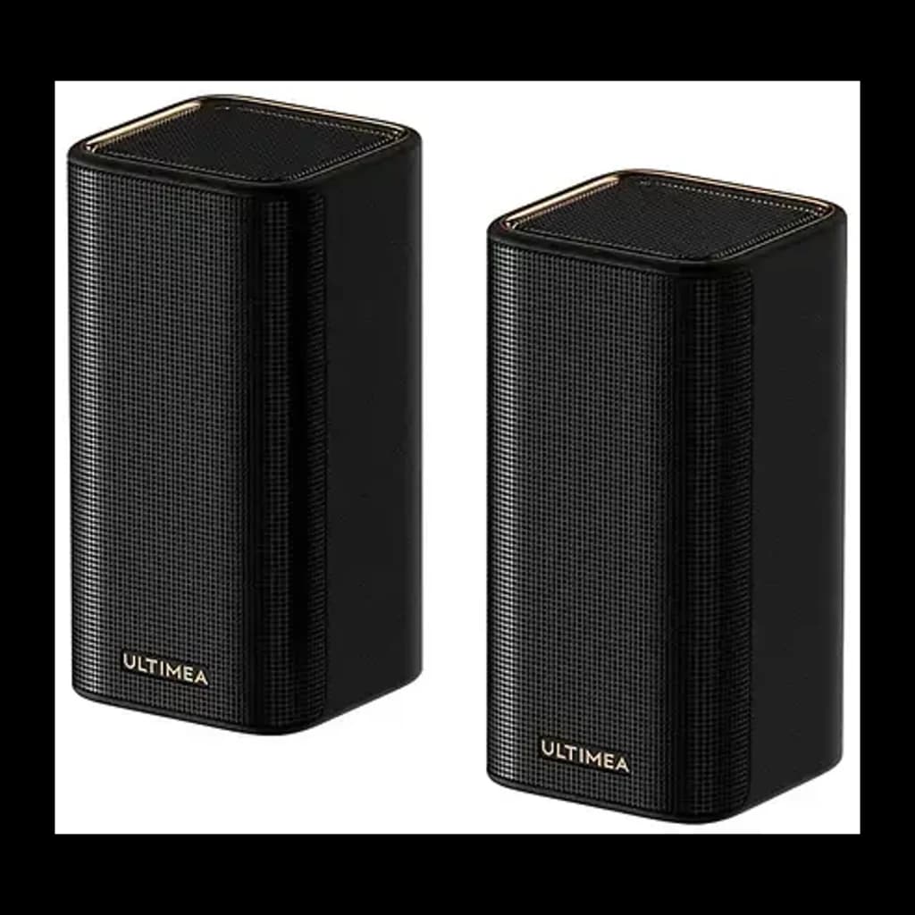 Ultimea Ultima Skywave X60 Soundbar Noir, vue de face: deux enceintes satellites noires avec grille textile et liseré doré