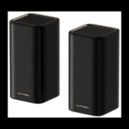 Ultimea Ultima Skywave X60 Soundbar Noir, vue de face: deux enceintes satellites noires avec grille textile et liseré doré