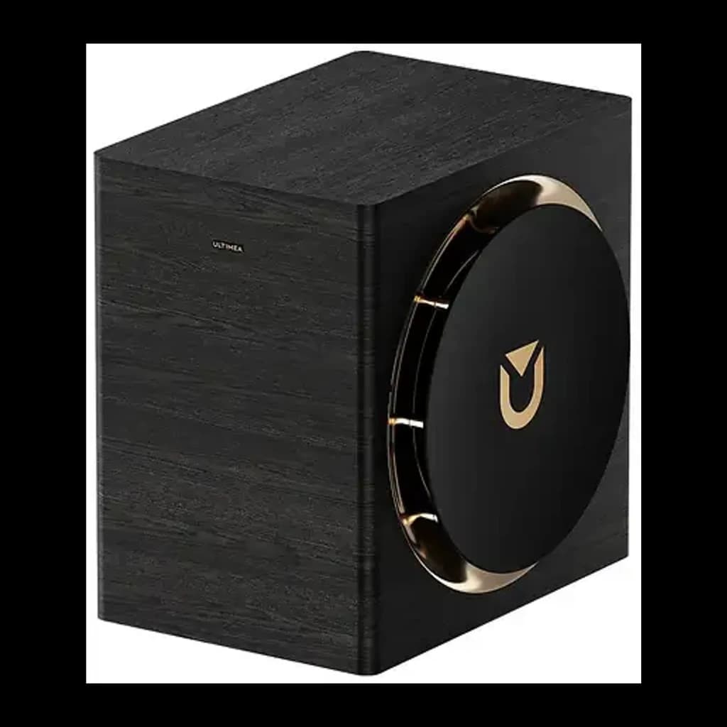 Ultimea Skywave X60 Soundbar Noir, caisson en perspective: boîtier cubique bois noir avec anneau doré et logo Ultimea