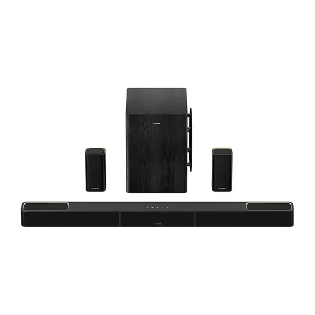 Ultimea Ultima Skywave X60 Soundbar Preto, vista frontal: dois altifalantes satélite pretos com grelha têxtil e remate - Item3