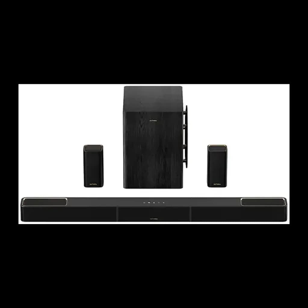 Ultimea Ultima Skywave X60 Soundbar Noir, vue de face: barre, caisson bois et deux enceintes satellites noires avec accents