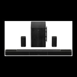 Ultimea Ultima Skywave X60 Soundbar Noir, vue de face: barre, caisson bois et deux enceintes satellites noires avec accents