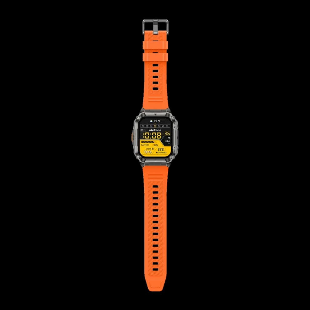 Ulefone Armor Watch Ultra naranja con correa de silicona, caja robusta gris y pantalla amarilla con datos de FC 24/7 y SpO2; diseño deportivo resistente