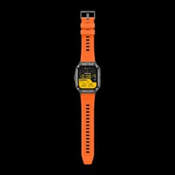 Ulefone Armor Watch Ultra naranja con correa de silicona, caja robusta gris y pantalla amarilla con datos de FC 24/7 y SpO2; diseño deportivo resistente