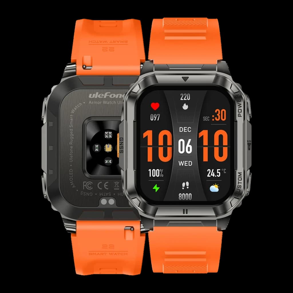 Ulefone Armor Watch Ultra Naranja con correa de silicona, pantalla cuadrada 1.85, bisel metálico robusto, sensores de FC y SpO2, botones físicos y carga