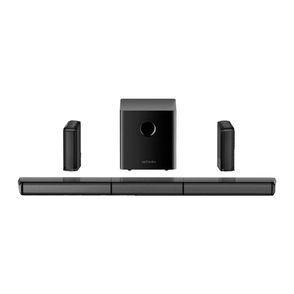 Ultimea Apollo S70 Ultra Soundbar 128GB preto, vista ambiente: satélites com luz violeta em sala e subwoofer preto com ondas - Item3
